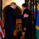 President Donald Trump (L) greets Brazilian President Jair Bolsonaro during a dinner at Mar-a-Lago in Palm Beach, Florida, on March 7, 2020.